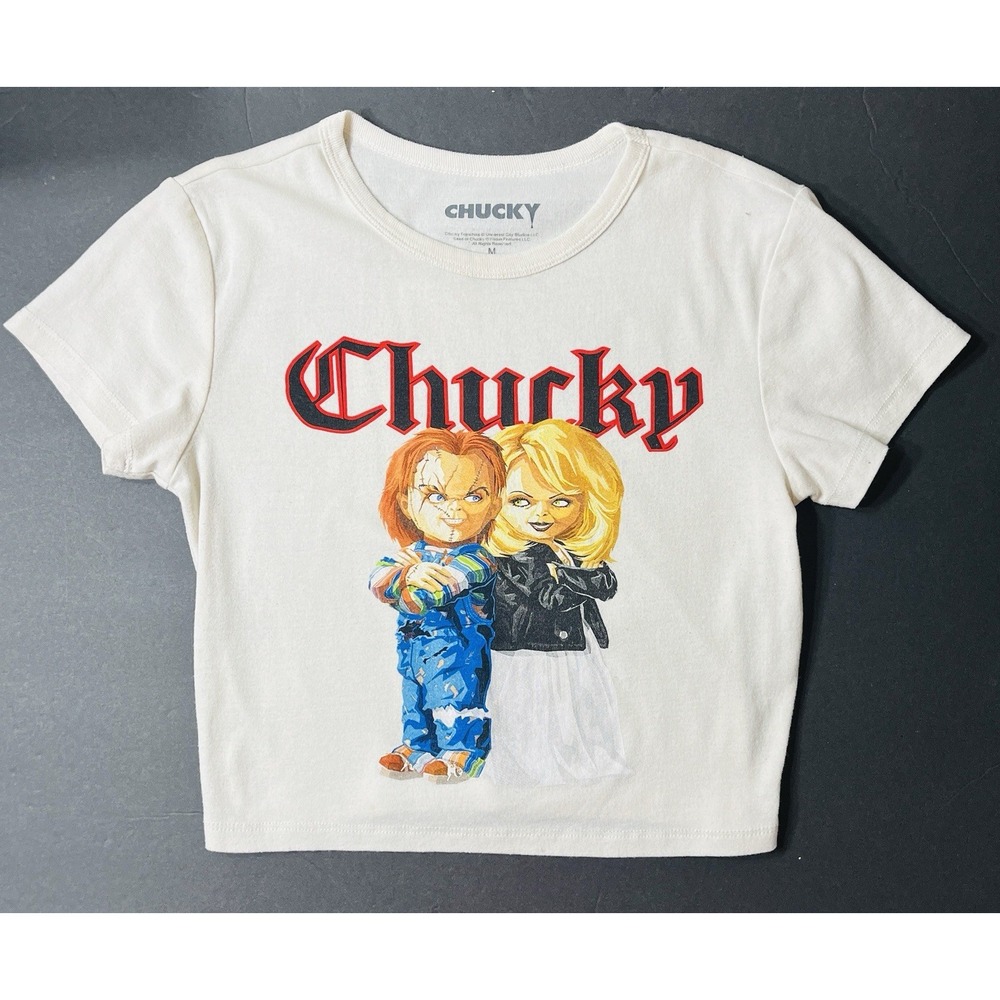 Chucky Crop Top Women's Medium Off White Graphic‎ T-Shirt Movie Horror Novelty